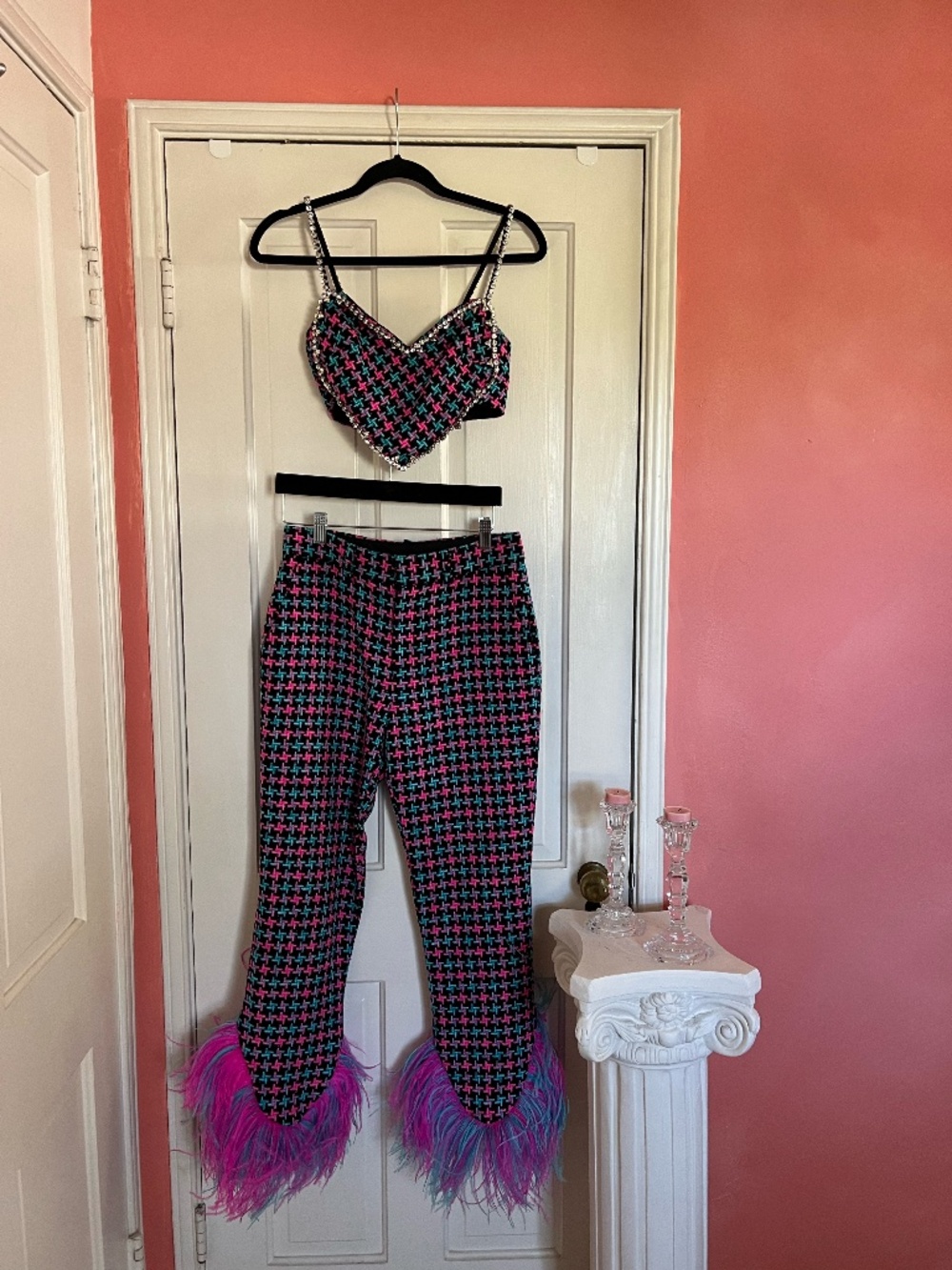AREA Crystal Heart Top & Feather Pant Set